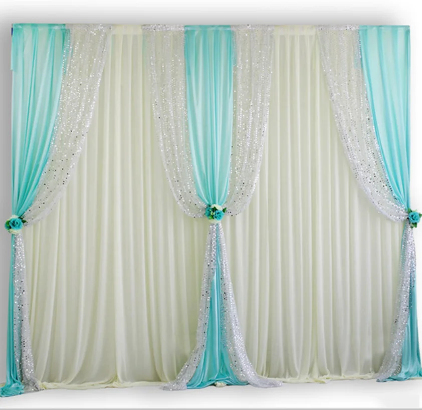 

China Factory Price White Curtain Tiffany Blue Ice Silk Drape Sliver Sequin Drapeery Backdrop Wedding Party Curtain Decoration