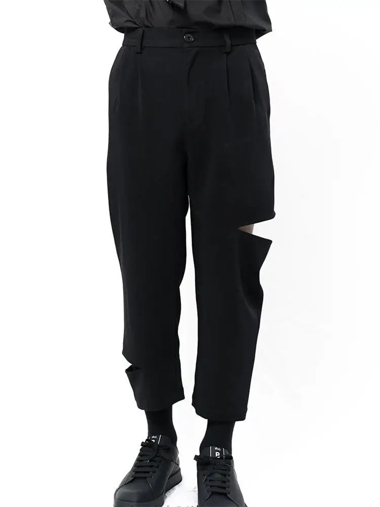 

Men's fashion trend casual pants, nine point pants, holes, dark black pants