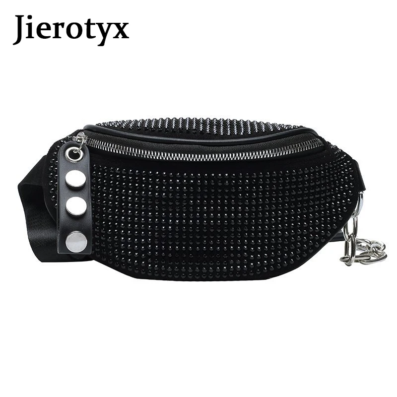 JIEROTYX modne strasy damskie torebki w pasie Fanny paczki w klatce piersiowej saszetka biodrowa Travel Casual łańcuch damski pasek Punk saszetka na pasek