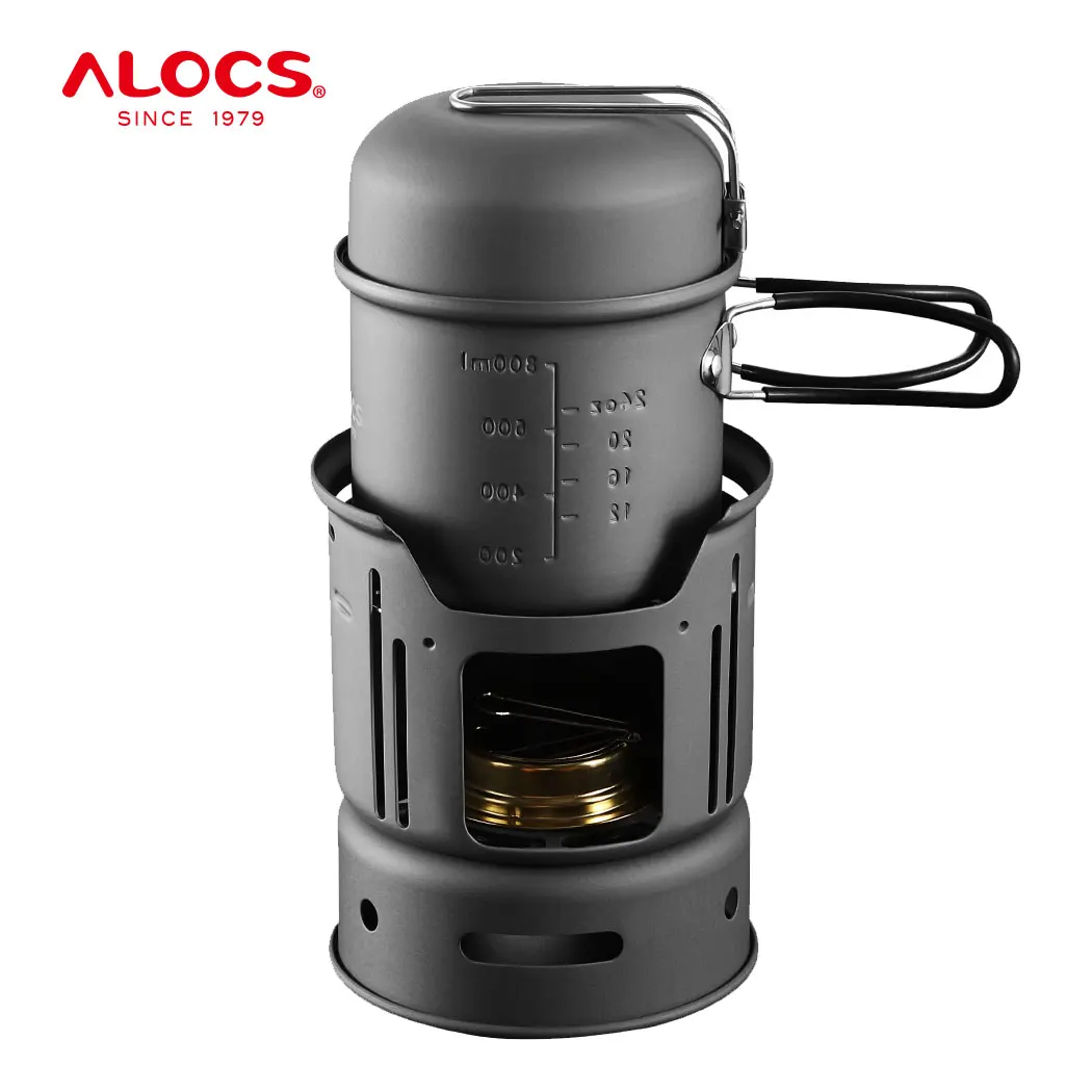 ALOCS CW-C01 Set 7 Pieces 1-2 People Portable Outdoor Cookware Camping Hiking Picnic Cooking Spirit Stove Alcohol Burner Pot