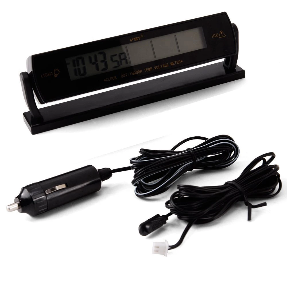 Car Clock Calendar Inside Outside Thermometer Voltage Meter LCD Screen Voltmeter Blue Backlight 12/24 Hours Display