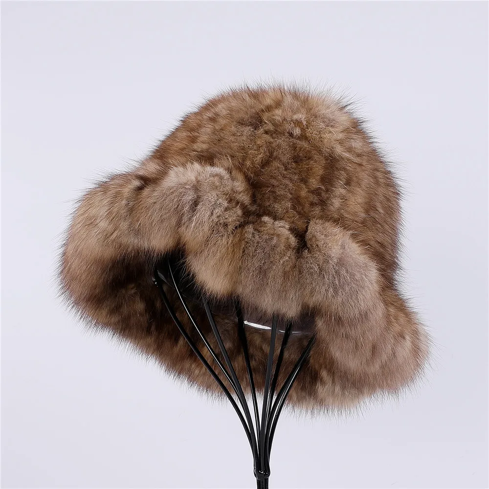 Highend Women\'s Winter Knitted 100% Real Sable Fur hat Fur Top Bucket Cap Female Warm Thick