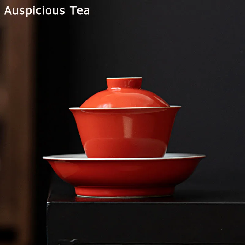 

160ml Persimmon Red Ceramic Sancai Covered Bowl TeaCup Handmade Household Puer Kungfu Teaset Tea Ceremony Accessories Drinkware