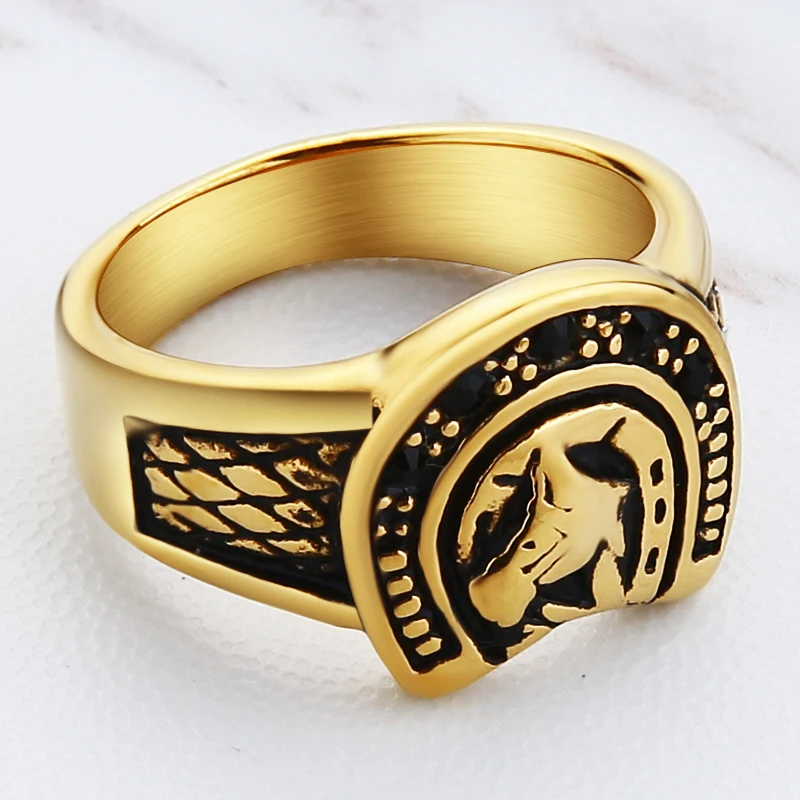 Valily Jewelry Mens Personality Lucky Horseshoe Ring Stainless Steel Vintage Gold Ring Band Finger anillos mujer ,US Size 7--13