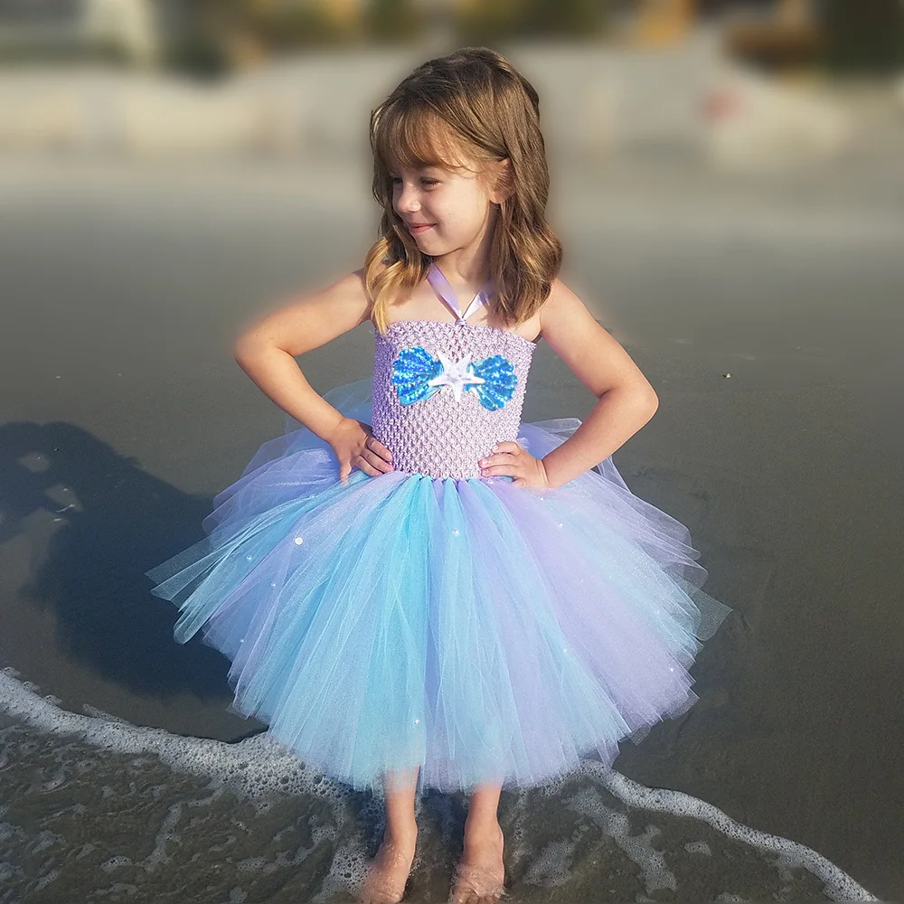 Girls Mermaid Princess Tutu Dress Kids Crochet Shellfish Blue Sea Tulle Dress Children Birthday Cosplay Party Costume Dresses