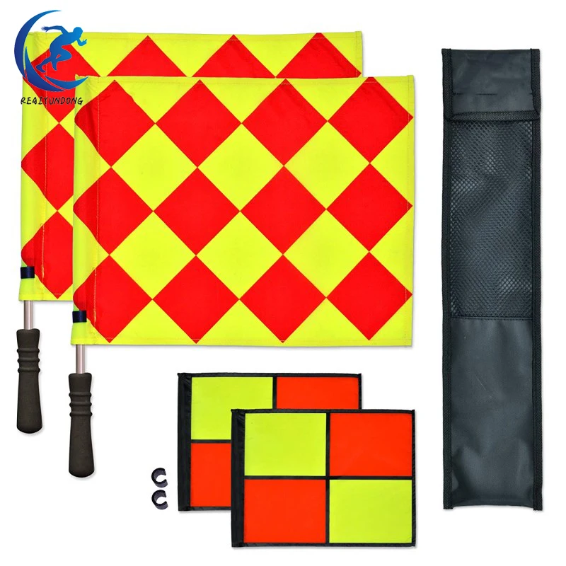 1pair Soccer Linesman Referee Flags Red Yellow Checkered Offside Hand Flags for Soccer Football Match with Stainless Steel Rods