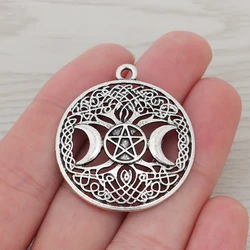 5Pcs Tibetan Silver Triple Moon Goddess Wicca Pentagram Magic Celtics Amulet Tree Charms Pendants for DIY Jewelry Making 35mm
