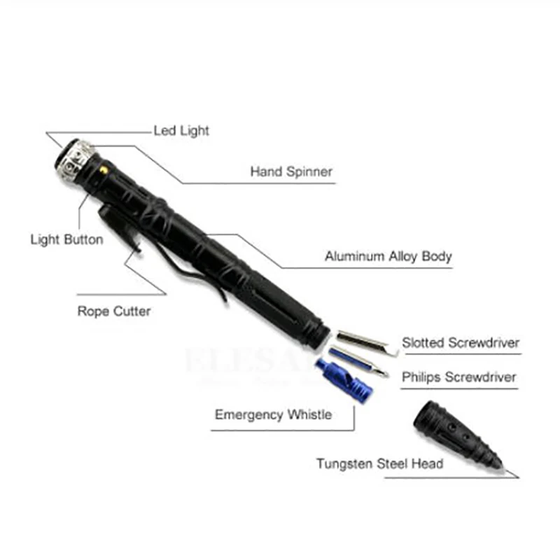 LED Multifunctional Self-defense Gyro Tactical Pen Outdoor Survival EDC Tool Emergency Light Glass Breaker Gyroscope 8 in 1