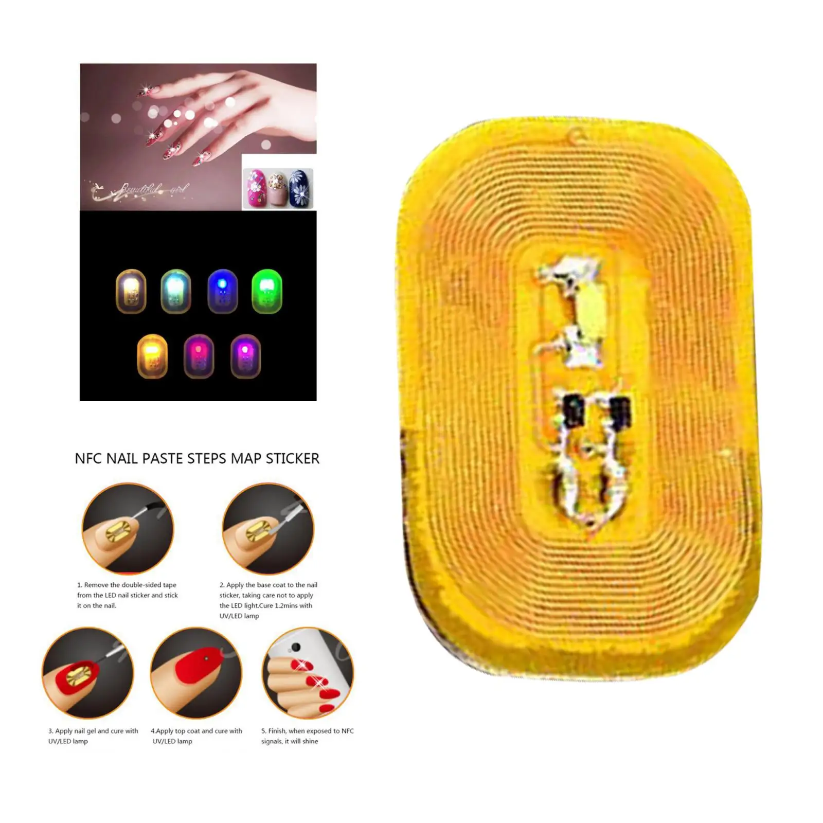 Autocollant brillant pour ongles NFC pour femmes, outil de manucure, puce de téléphone, lumière blanche