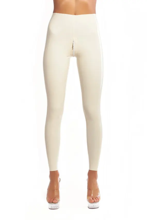 

Crotch to ass zipper design white stretch pants women's latex leggings made of 0.4mm thickness natural latex materials