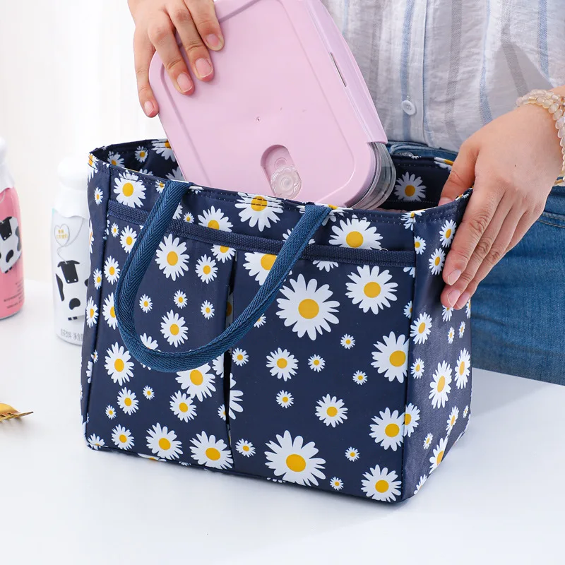 Oxford Cloth Large Capacity Thermal Lunch Bag Daisy Printed Work Food Bento Insulated Pouch Picnic Cooler Bags for School