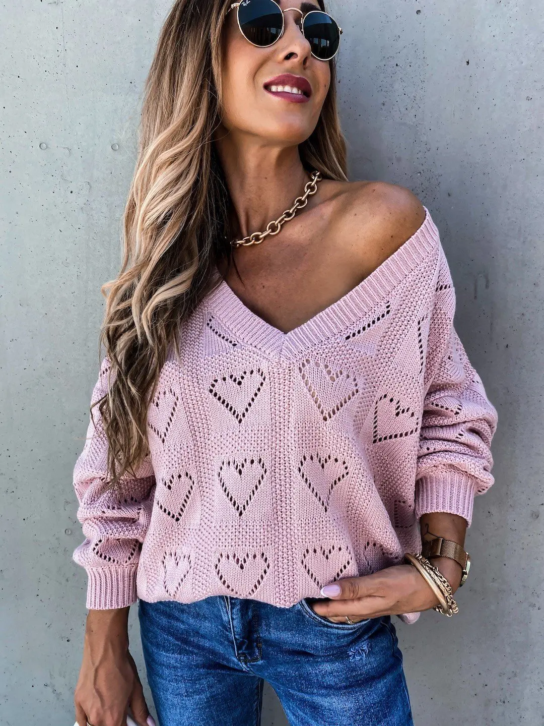 Casual Solid Color Sweater Women Jumper Pullover Tops Fashion Lady Hollow Out Heart Shape V Neck Ribbed Knitted Sweaters S-2XL