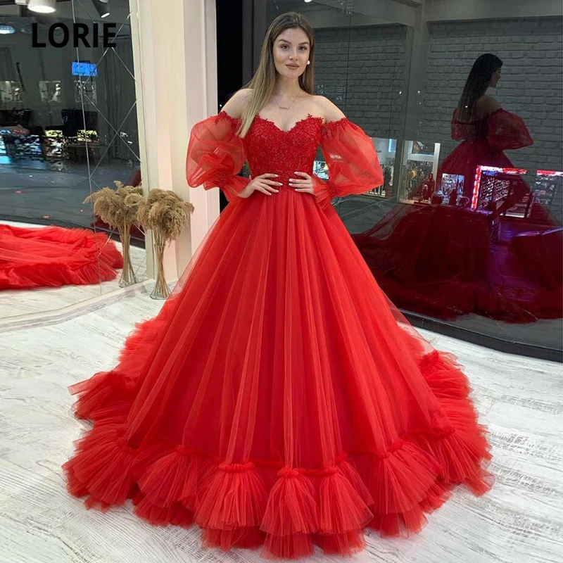 LORIE Vintage Beach Prom Dresses 2022 Red Sweetheart Appliques maniche a sbuffo a-line abito da sera arabo Tulle abito lungo da festa