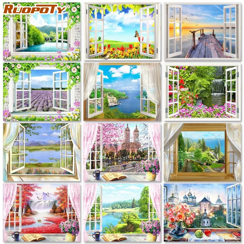 

RUOPOTY DIY Painting by numbers Canvas Kits Window Landscape Home Decor Coloring By Numbers Handmade Gift For Adults