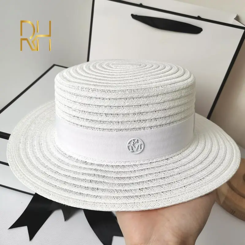 Anna Fashion Flat Top Boater Straw Hat Summer Female M Letter Top Vacation Breathable Party White Socialite Hat