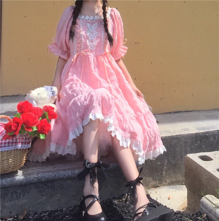 Lolita lolita täglichen fee weiß blase hülse hohe taille elegante kleid fee sommer prinzessin viktorianischen kleid kawaii mädchen cos