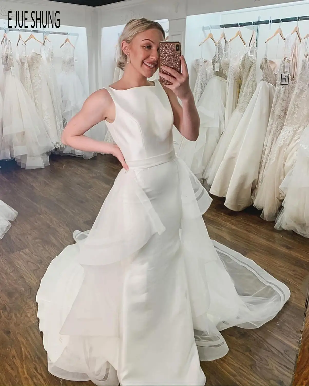 E JUE SHUNG Modest Simple Wedding Dresses With Detachable Train Square Collar Zipper Back Mermaid Bridal Gowns robe de mariee