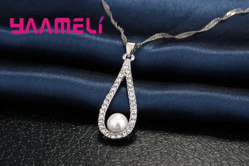 Pure 925 Sterling Silver Color CZ Crystal Water Drop Pearl Necklaces Pendant Chain Earrings Woman Fine Wedding Jewelry Set Gift