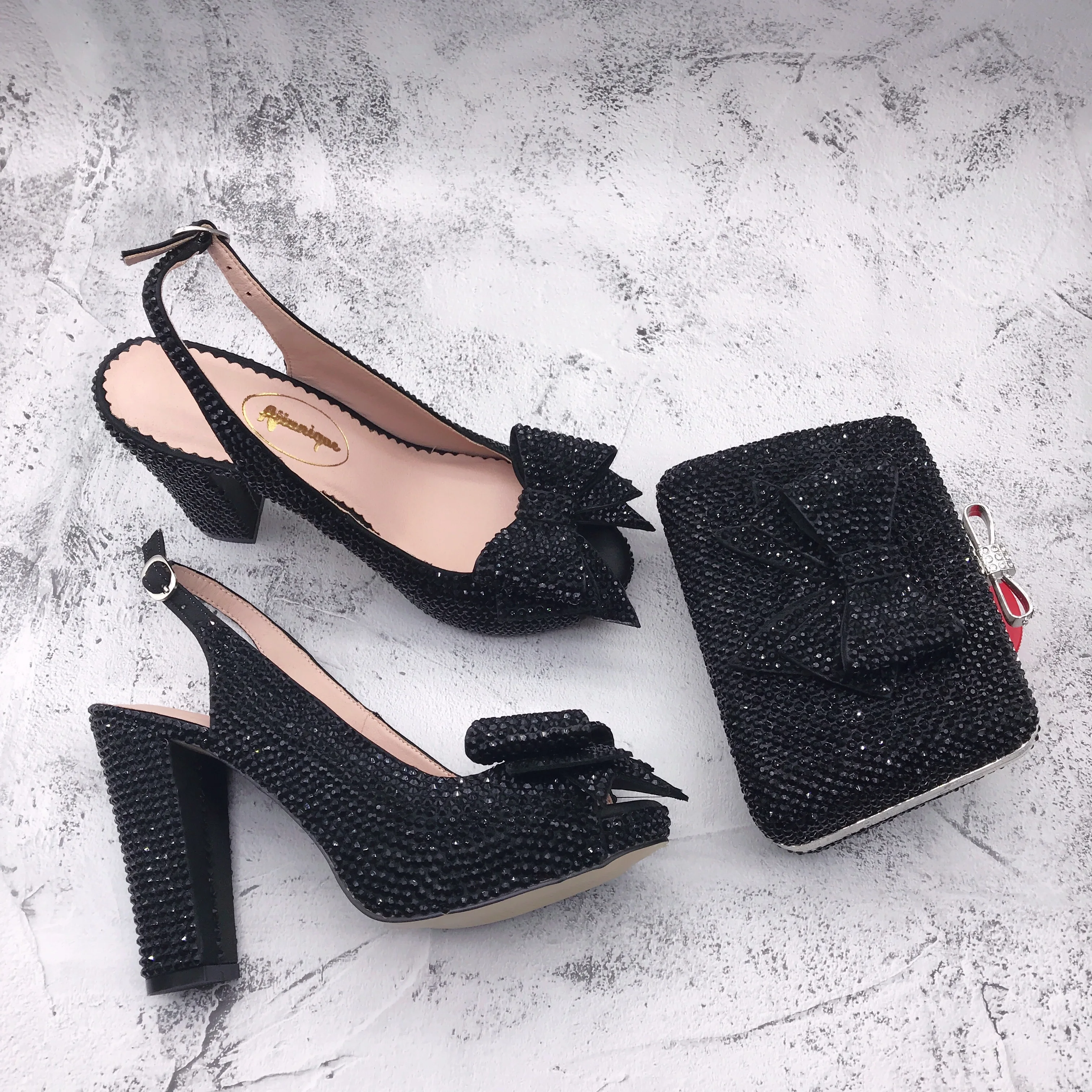 BS1386  Custom Made Heel Height  Women Shoes Dress Pumps  Bridal Wedding Shoes  Black Crystal Shoes With Matching Bag Set