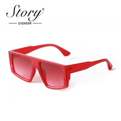 STORY Fashion Red Flat Top Square Sunglasses Women Men Brand Designer Trendy Transparent Green Frame Shield Sun Glasses S95155H