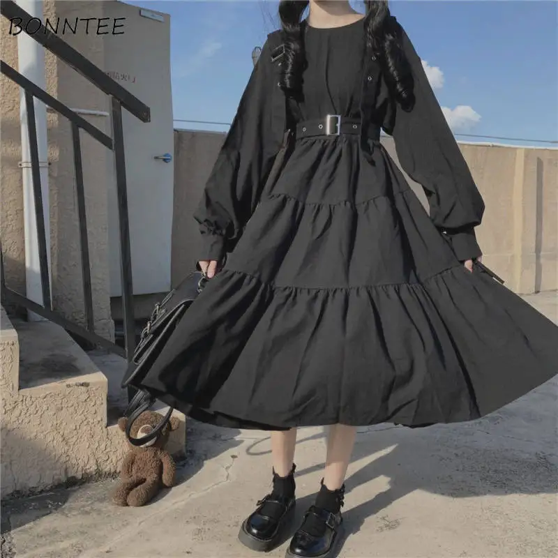 

Long Sleeve Dress Women Korean Style Ruffle Leisure All-match Simple Solid O-neck Elegant Retro College Mid-calf Autumn Preppy