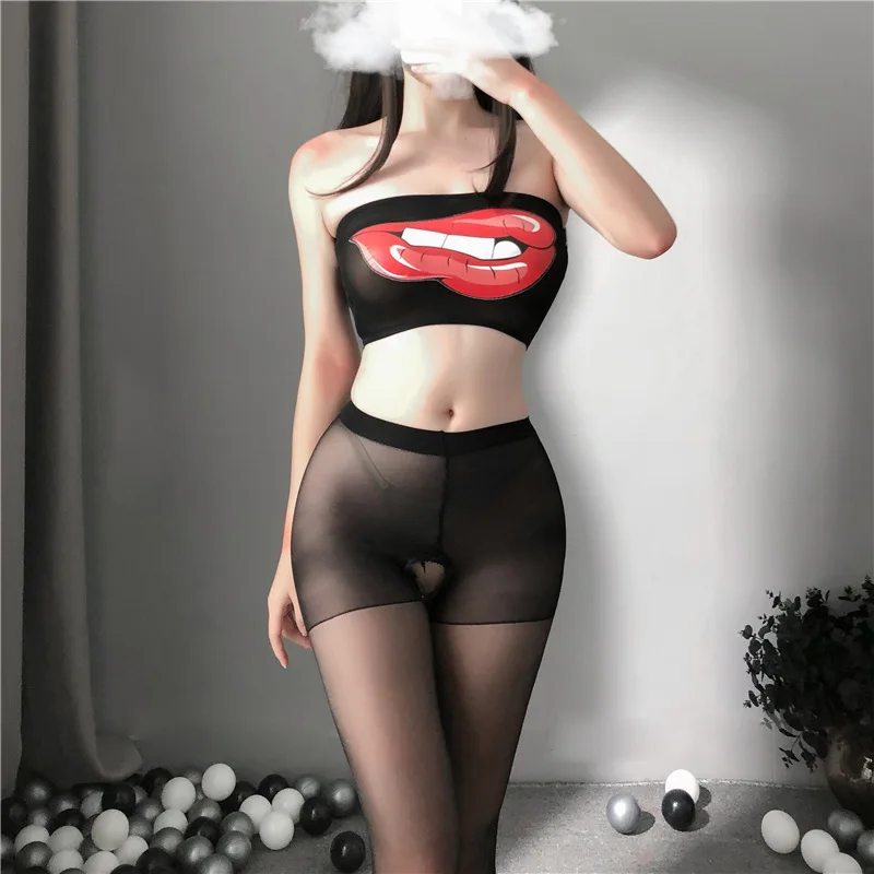 مجموعة لانجيري مثيرة ملابس داخلية شفافة غريبة بدون حمالات أزياء مطبوع عليها خيوط مفتوحة جوارب ملابس مغزولة