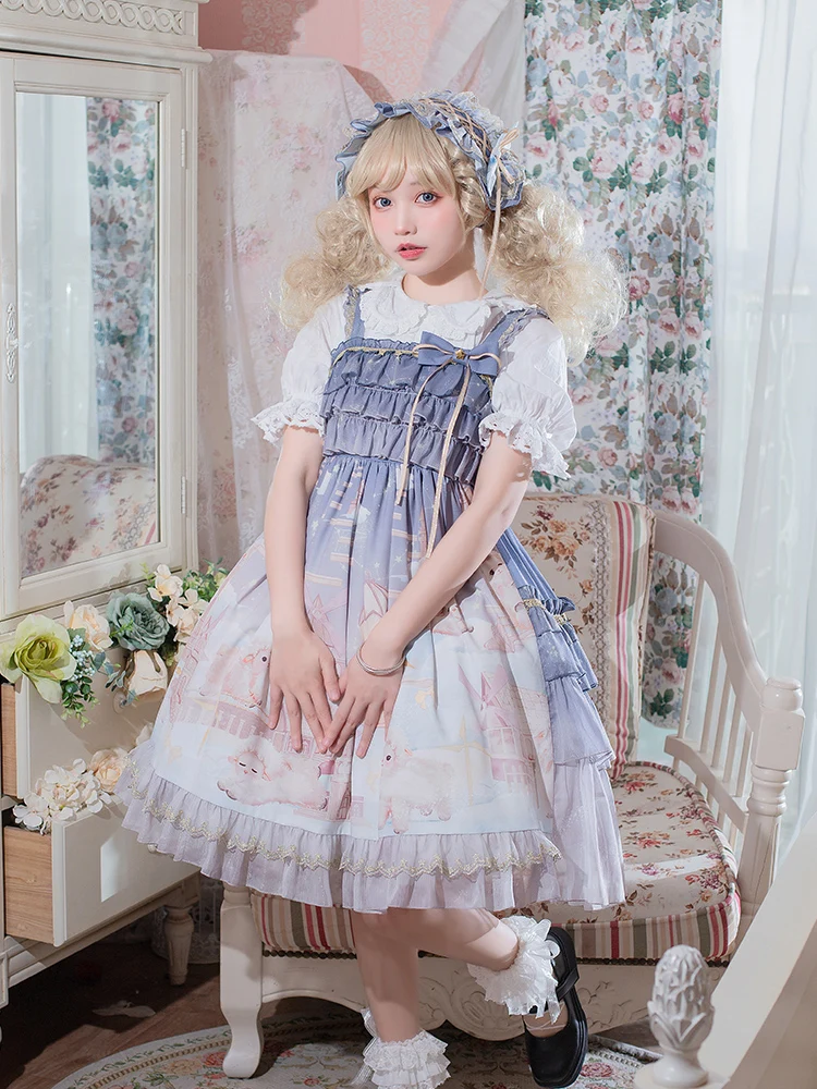 

Lolita Cute Sweet Princess Tea Party Sling Dress High Waist Cute Printing Victorian Dress Kawaii Girl Gothic Lolita Cos Loli