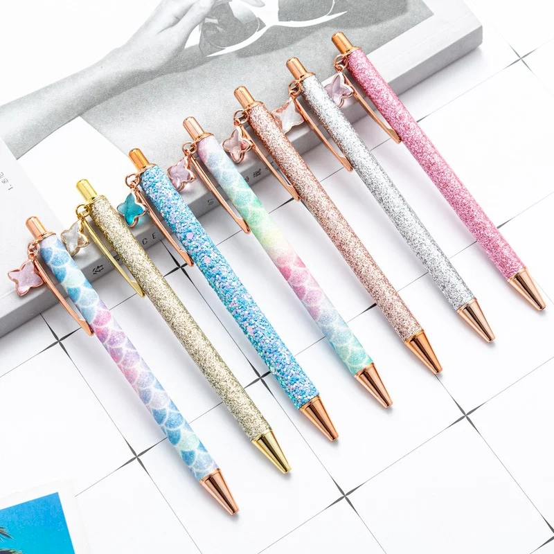 

1Pcs Novelty Golden powder Press Pens Creative Four-leaf Clover Pendant Ballpoint Pens Wedding Gifts Offices Lovely Stationery