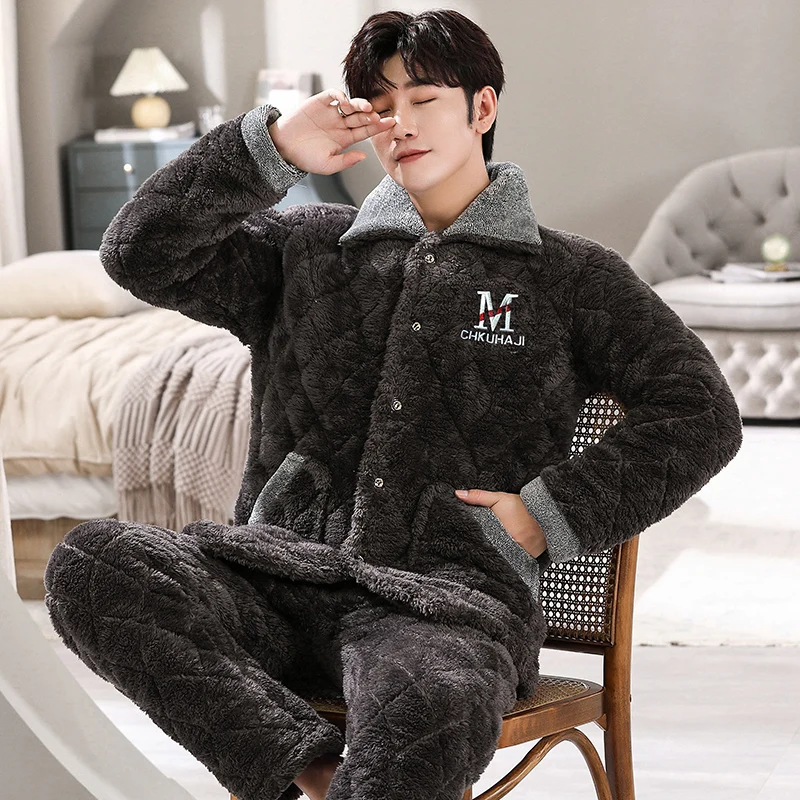 Winter Warm Pajamas For Men's Three-Layer Thickened Pajama Set Coral Fleece Two Pieces Lounge Top +Pant Sleepwear Home Wear Suit