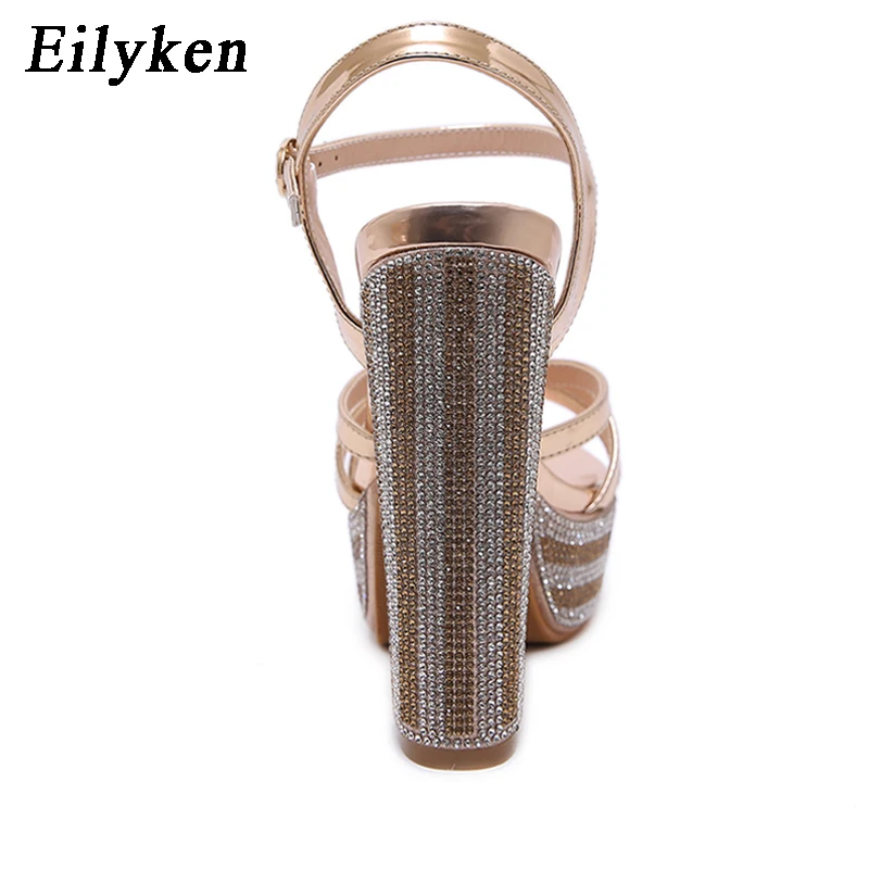 Eilyken Crystal Rhinestone Platform Thick High Heel Women Sandals Sexy Peep Toe Ankle Buckle Strap Party Gladiator Shoes