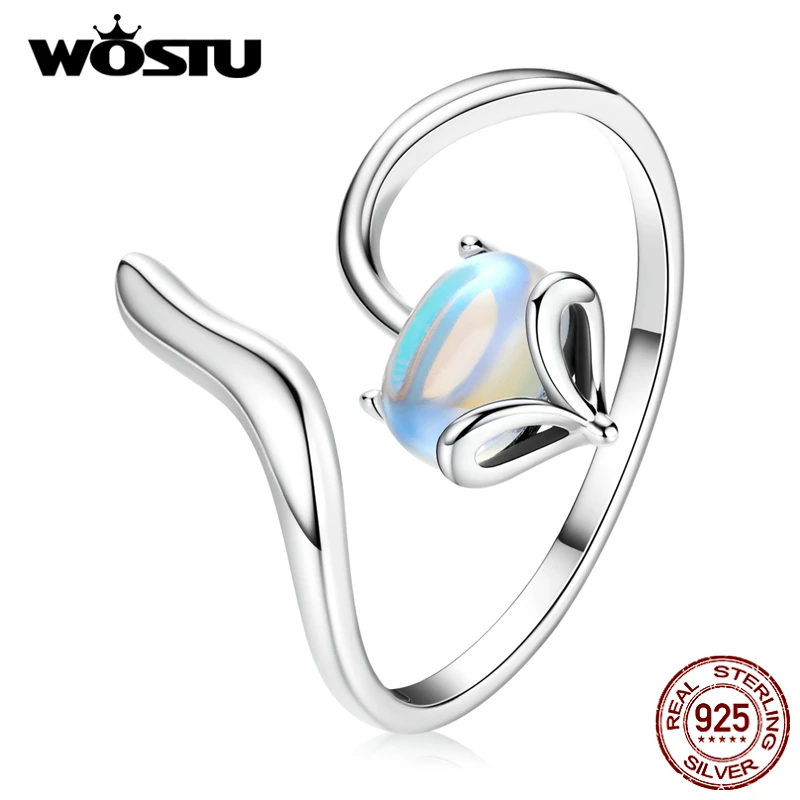 WOSTU Adjustable Authentic 925 Sterling Silver Moonstone Fox Engagement Open Rings For Women Female Original Jewelry CQR756