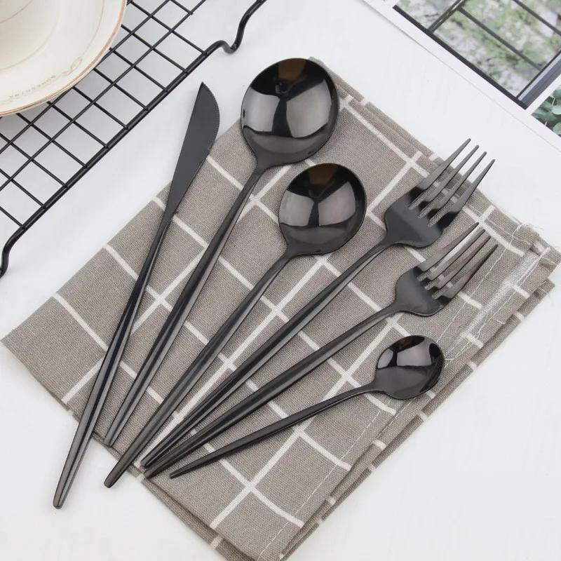 6-Piece Stainless Steel Cutlery Set Black Flatware Spoon Set Dining Knife Fork Dessert Spoon Teaspoon Dinner Gold Tableware Set