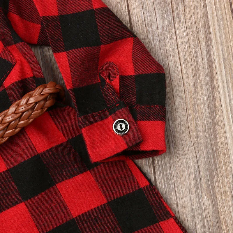 Lioraitiin 1-5Years Toddler Baby Girls New Christmas Long Shirt Dress Tops Long Sleeve Red Plaid Straight Knee-Length Dress Belt