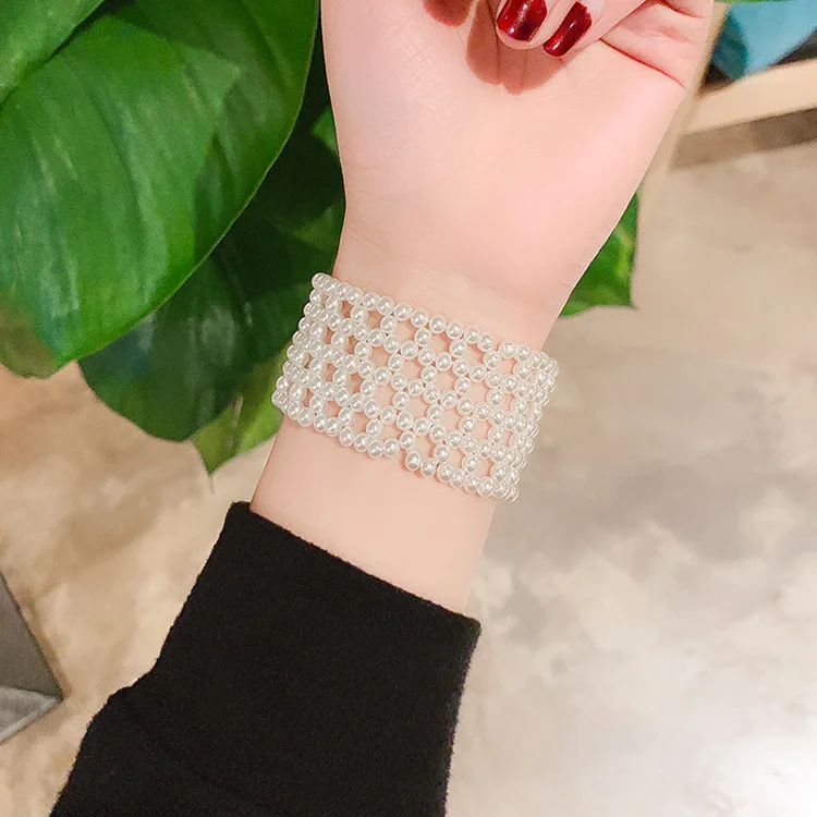 White Pearl Fashion Jewelry Weave Bracelet elastic wide bracelet for Women Summer Jewelry 2019 New Brincos