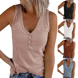 Summer Buttons Tank Top Women Camisole T-shirt Solid V-Neck Sleeveless Knitted Sexy Casual Plus Size Tee Shirt Femme T-shirts