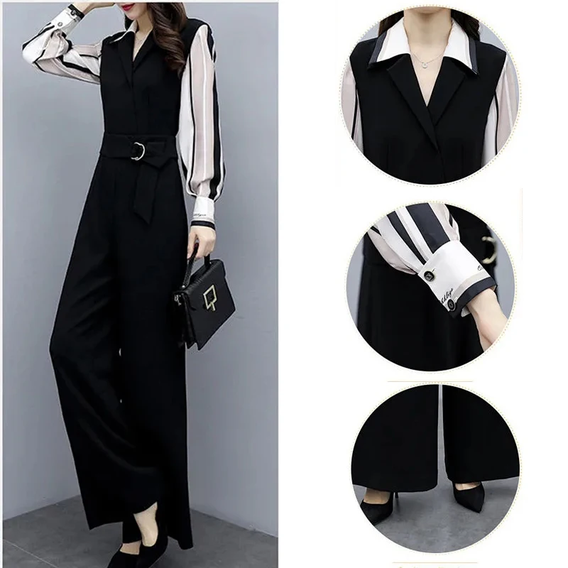 Elegant Slim High Waist Wide Leg Jumpsuits Women Korean Fashion Long Sleeve Fake Two Pieces Sets Office Lady One Piece Pants