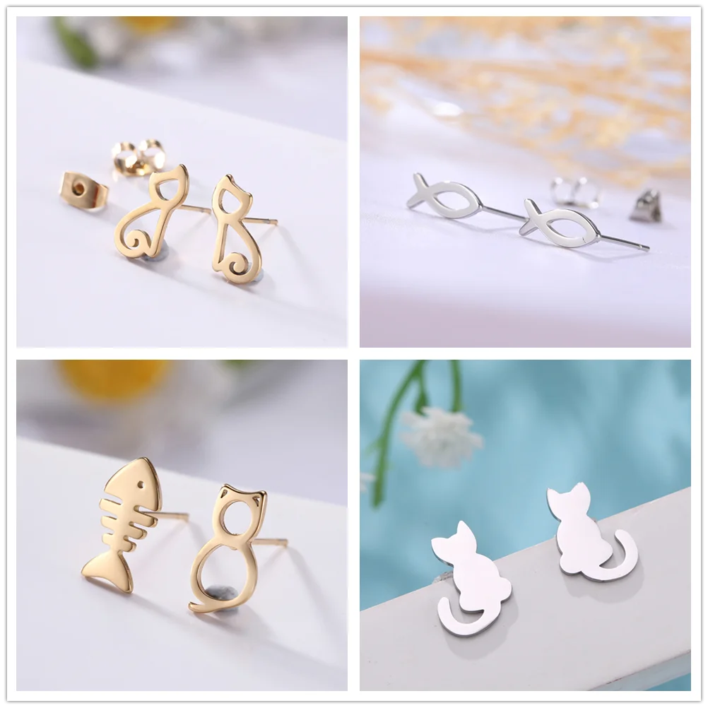 Cazador Cute Cat and Fish Bone Stud Earring Women Girl Small Piercing Earrings Stainless Steel Jewelry Mother Gift 2024 Trend