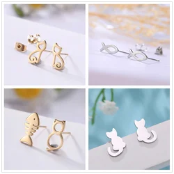 Cazador Cute Cat and Fish Bone Stud Earring Women Girl Small Piercing Earrings Stainless Steel Jewelry Mother Gift 2024 Trend