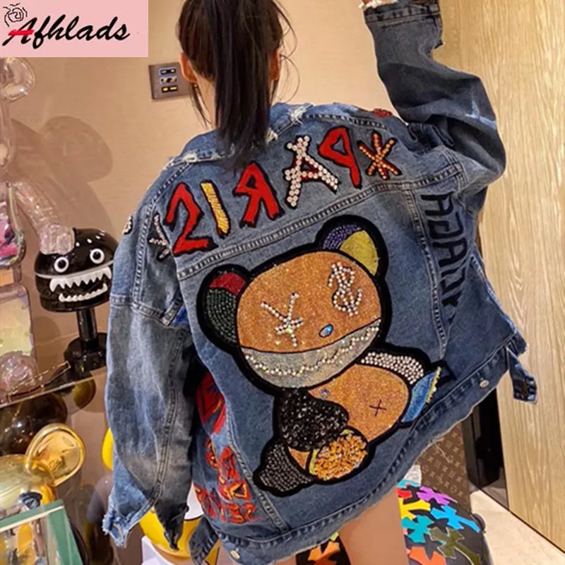 Women\'s Denim Jacket Outerwear Diamond Letters Printed  Female 2024 Spring And Autumn New Fashion Long Sleeved Denim Coats