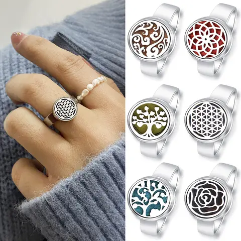 Aromatherapy Essential Oil Diffuser Rings Stainless Steel Spiral Open Perfume Locket Jewelry Rose Flower Women Rings Accessories