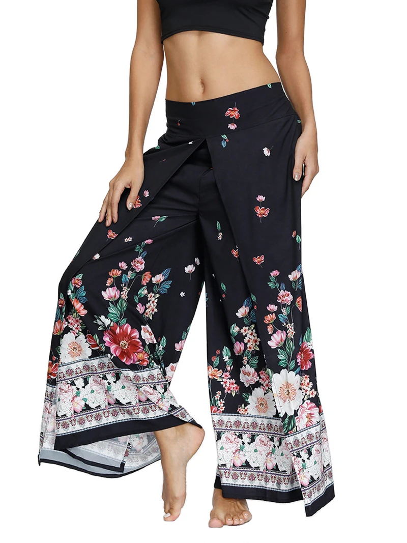 Women’s Hippie Bohemian Loose Palazzo Casual Beach Pants,Split Pants Wide Leg Training Sports Yoga Pants