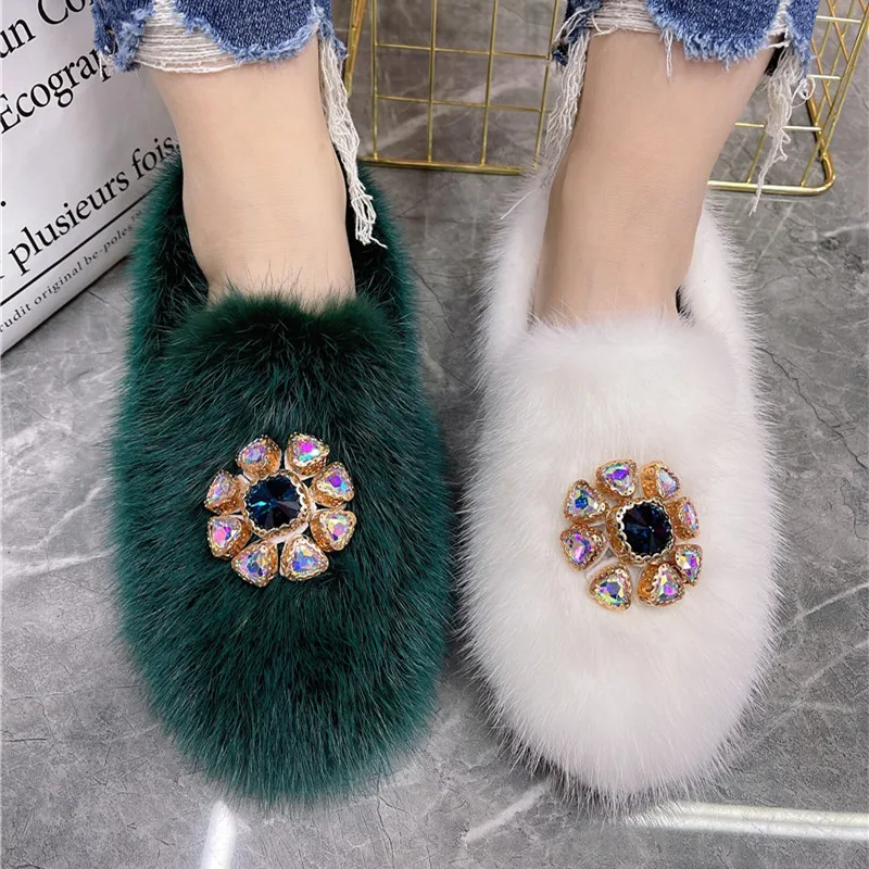 

Crystal Petal Women Moccasins Ladies Winter Warm Fur Loafers Real Mink Fur Espadrilles Driving Smoking Shoes Woman Flats