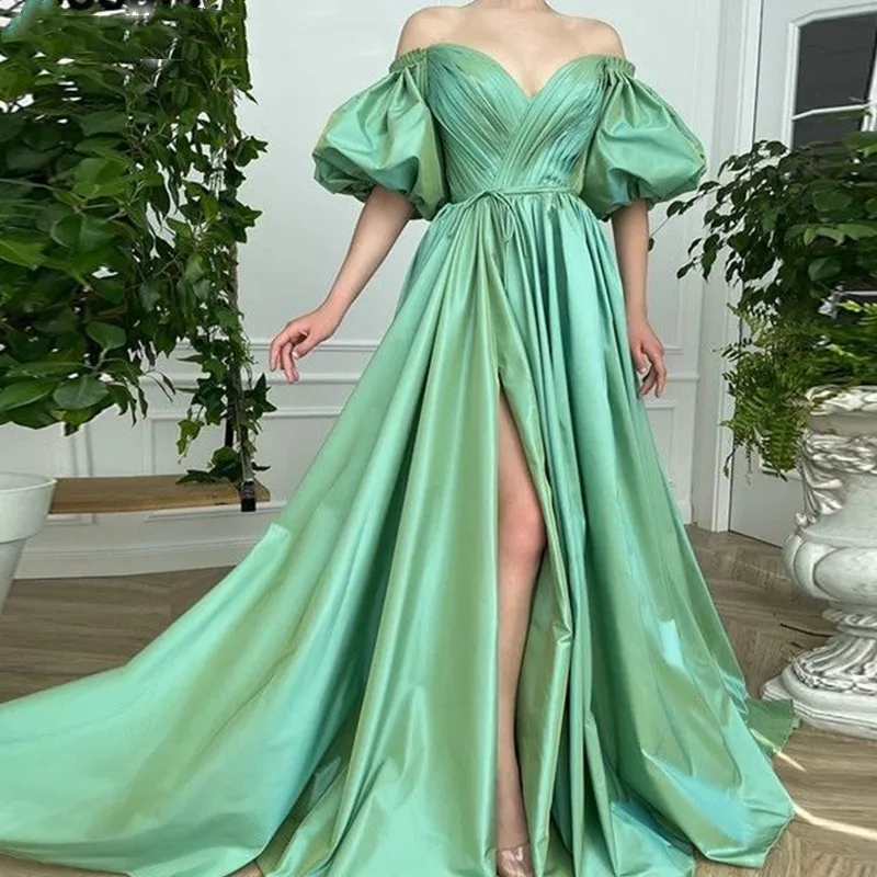 

Elegant A-Line Green Pleat Satin Prom Dresses Puff Sleeves Sweetheart Backless High Slit Formal Women Evening Party Gowns