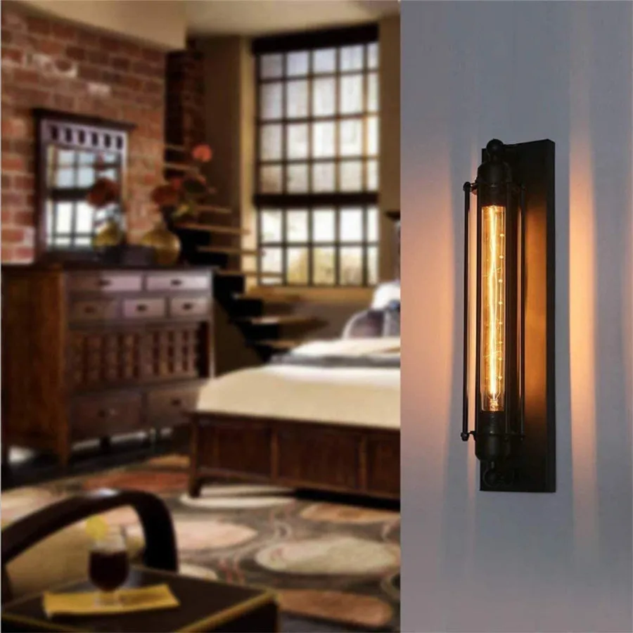 Industrial Loft Wall Light Fixture Rural Vintage Wall Lamp for Bedroom Garage Porch Stair Living Room Metal Frame Lamp Sconce