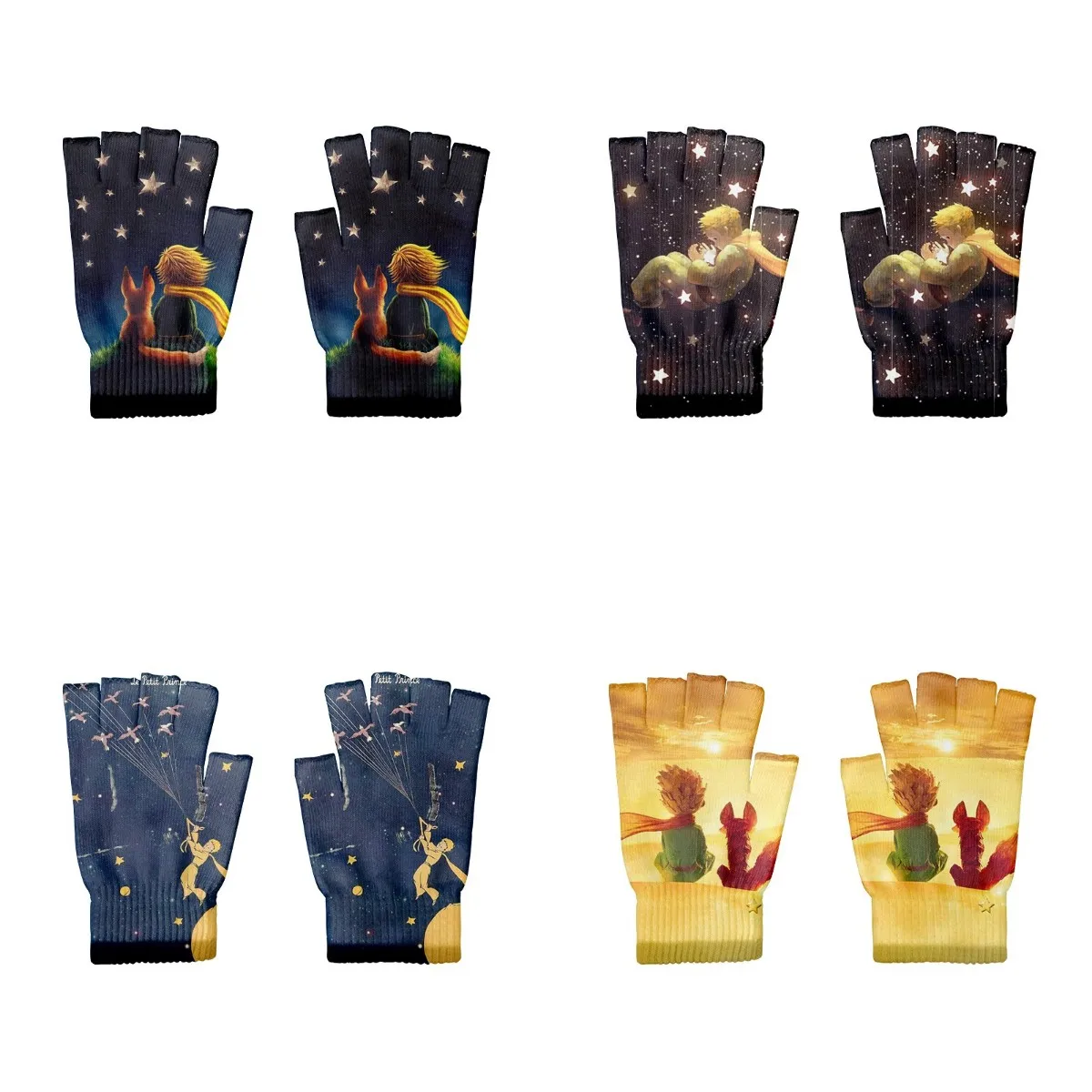 

3D Cartoon Little Prince Print Knitting Fingerless Gloves For Adult Cute Fox Rose Unisex Cycling Windproof Half-Finger Gloves