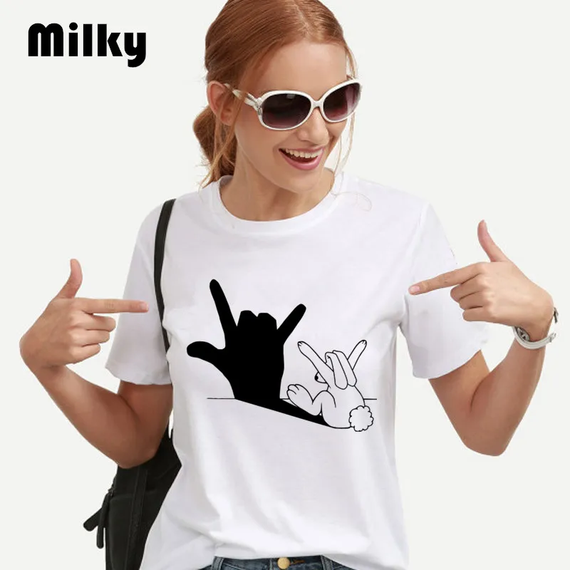 Kawaii Rabbit Print T Shirt Women Short Sleeve O-neck Funny Aesthetic T-shirt Harajuku Punk Tshirt Female Tops mujer camisetas