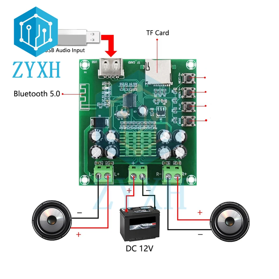 XH-M422 Bluetooth 5.0 Amplifier Board 30W*2 HD Stereo Audio AMP DC 12V U Disk TF Card MP3 Decoder Onboard Buttons For Speaker