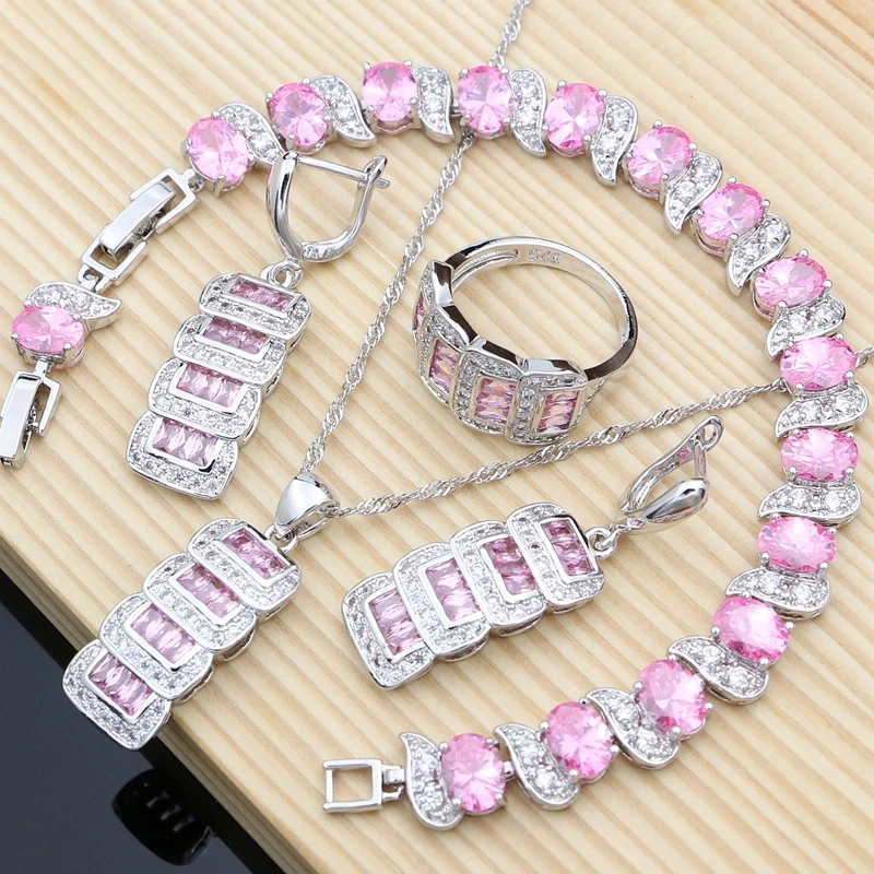 

925 Silver Bride Jewelry Sets Cute Princess Pink Topaz Crystal Earrings Stone Bracelet Necklace Set Dropshipping