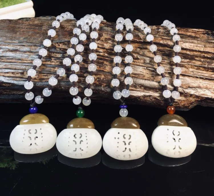 Quality White Jade Amulet Charms hollow out carving Pendant sachet Hanging Mala bead Necklace