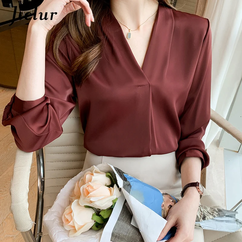 Jielur Solid Color White Shirts Women Office Lady White V-neck Skinny Long-sleeved Tops Autumn Khaki Loose Blouses Female S-XXL